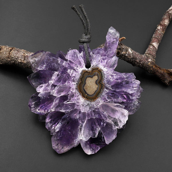 Large Natural Amethyst Stalactite Flower Pendant Flat Slice Freeform One of a Kind P0114