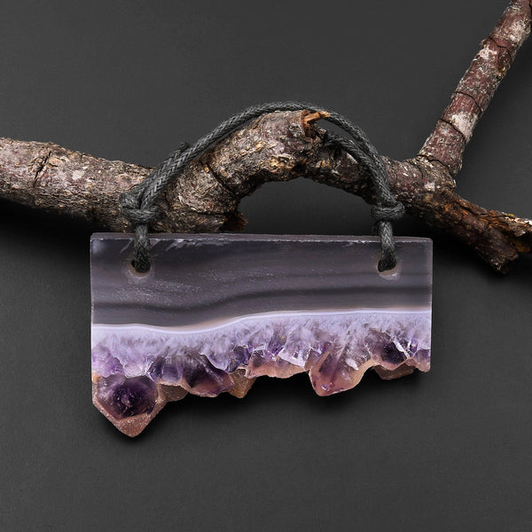 2 Hole Pendant Natural Smoky Quartz White Purple Amethyst Stalactite Druzy Pendant Drilled Flat Slice Long Rectangle P0140