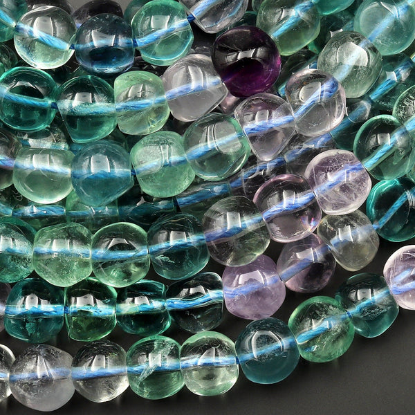 Extra Translucent Vibrant Natural Green Blue Purple Fluorite Smooth Off Round Nugget Beads 10mm 12mm Gemstone 15.5" Strand