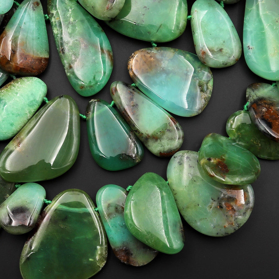 Large Natural Australian Bicolor Green Brown Chrysoprase Beads Freeform Teardrop Focal Pendant Side Drilled Gemstone 15.5" Strand