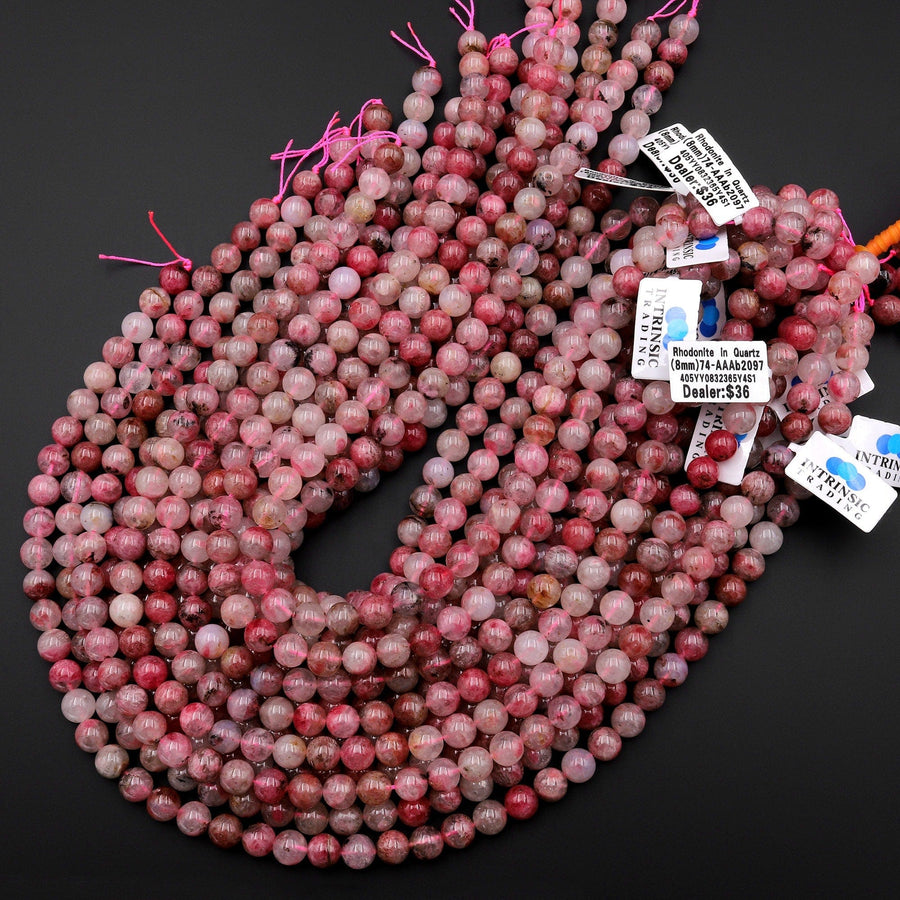 AAA Natural Pink Rhodonite In Quartz Beads 6mm 8mm 10mm Round Beads 15.5" Strand