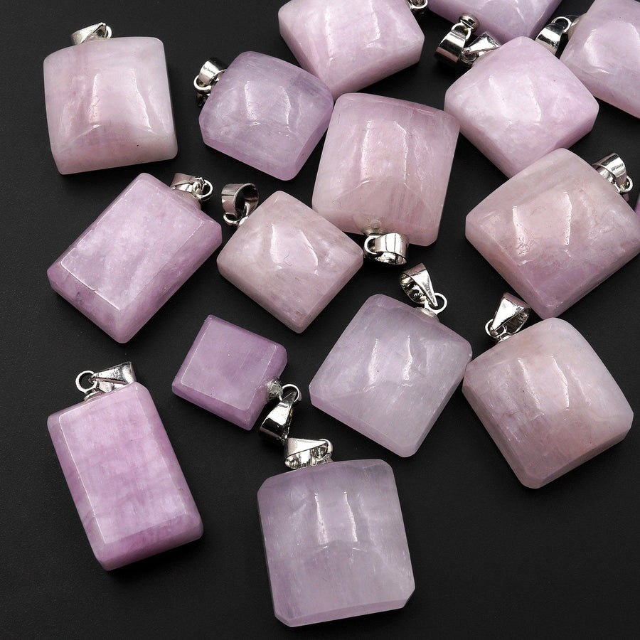 Natural Kunzite Pendant Puffy Square Gemstone Focal Bead