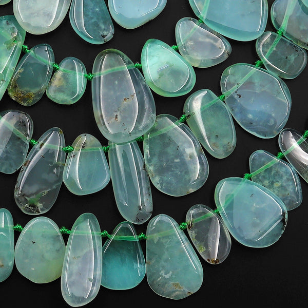 Extra Gemmy Natural Australian Green Chrysoprase Beads Freeform Teardrop Petal Focal Pendant Side Drilled Gemstone 15.5" Strand