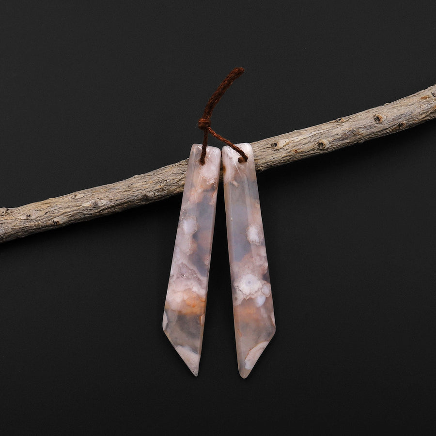 Natural Cherry Blossom Agate Earring Pair Drilled Matched Long Beveled Rectangle Pair Aka Flower Agate