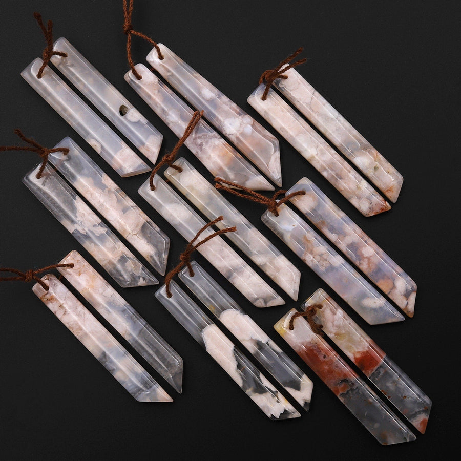 Natural Cherry Blossom Agate Earring Pair Drilled Matched Long Beveled Rectangle Pair Aka Flower Agate