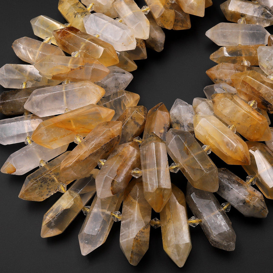 Natural Golden Dendritic Quartz Double Terminated Point Beads From Madagascar 15.5" Strand