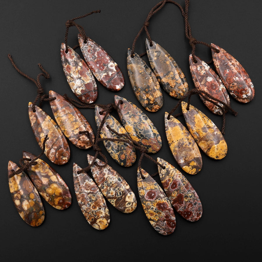 Natural Leopard Skin Orbicular Jasper Earring Pair Gemstone Drilled Matched Teardrop Beads