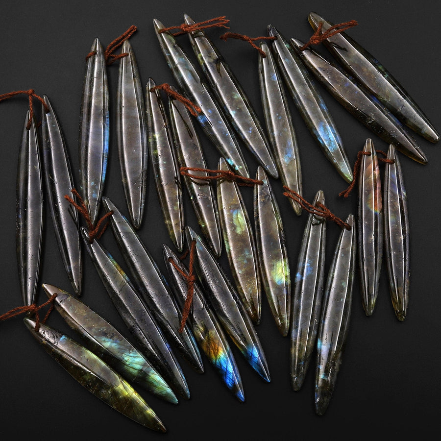 Natural Labradorite Earring Pair Long Marquise Oval Matched Gemstone Beads