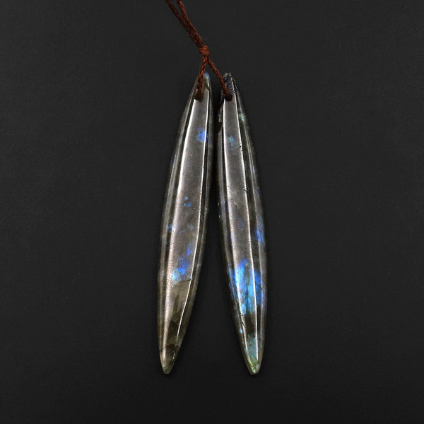 Natural Labradorite Earring Pair Long Marquise Oval Matched Gemstone Beads A3