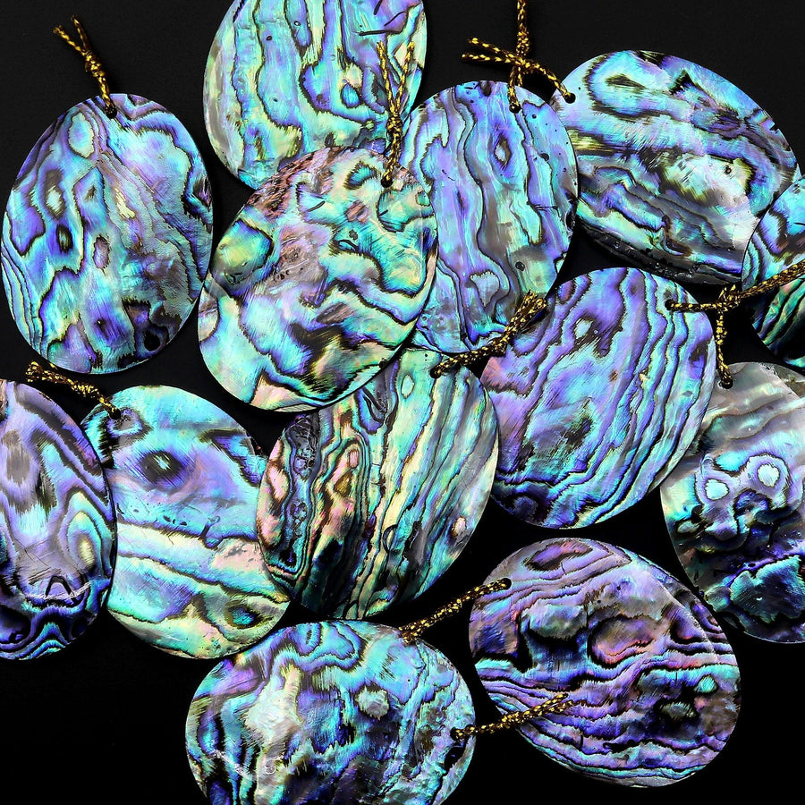 Real Natural Abalone Shell Oval Pendant Rainbow Iridescent Peacock Blue Green Pink Purple Colors