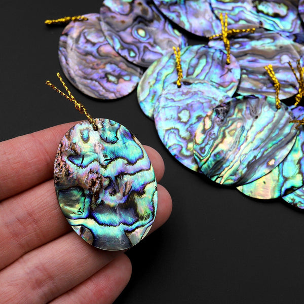 Real Natural Abalone Shell Oval Pendant Rainbow Iridescent Peacock Blue Green Pink Purple Colors