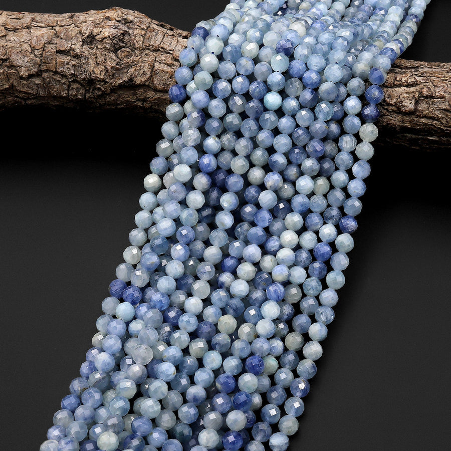 AAA Natural Silvery Blue Kyanite Faceted 5mm 6mm 7mm Round Beads 15.5" Strand