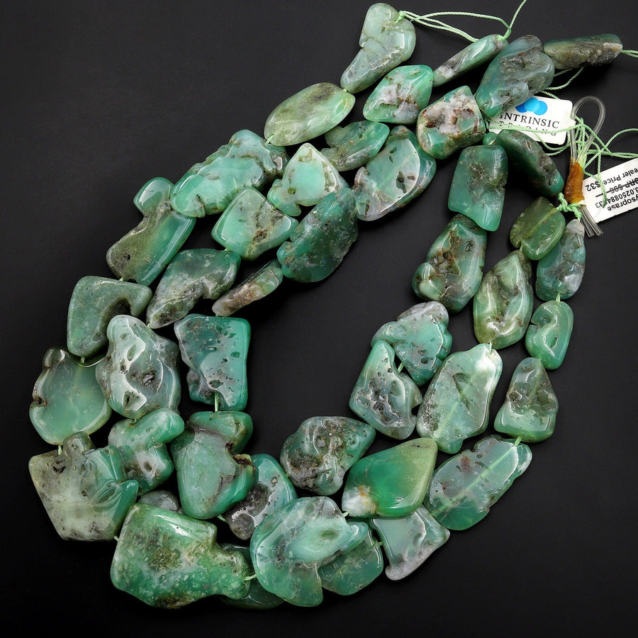 Large Natural Australian Juicy Green Chrysoprase Nugget Freeform Focal Beads Pendant 15.5" Strand