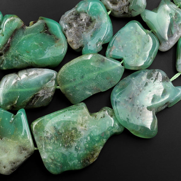 Large Natural Australian Juicy Green Chrysoprase Nugget Freeform Focal Beads Pendant 15.5" Strand