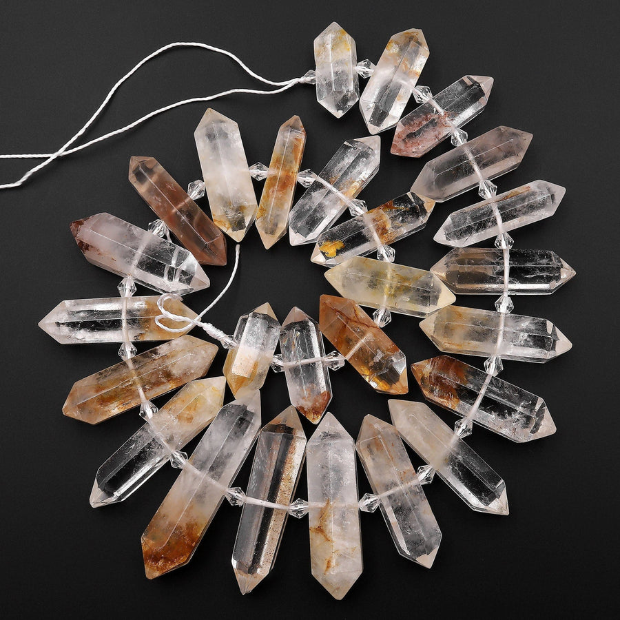 Rare Natural Rock Quartz Beads W Red Lodalite Matrix Center Drilled Faceted Double Terminated Points 15.5" Strand