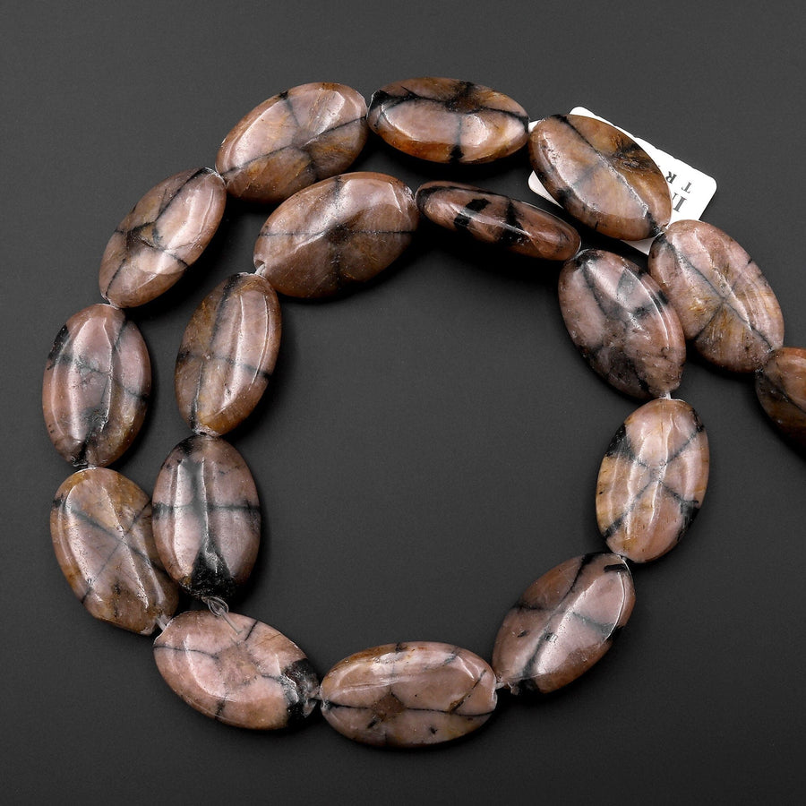 Rare Genuine Natural Chiastolite Andalusite Cross Stone Oval Beads Aka Christ Stone 15.5" Strand