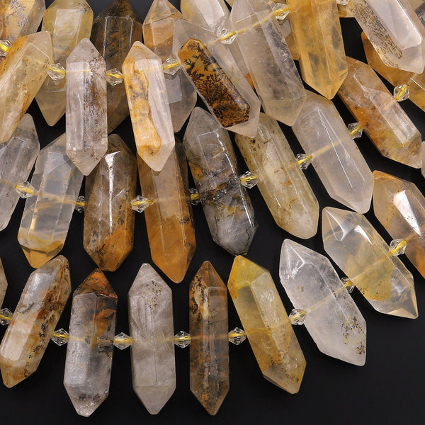 Natural Golden Dendritic Quartz Double Terminated Point Beads From Madagascar 15.5" Strand