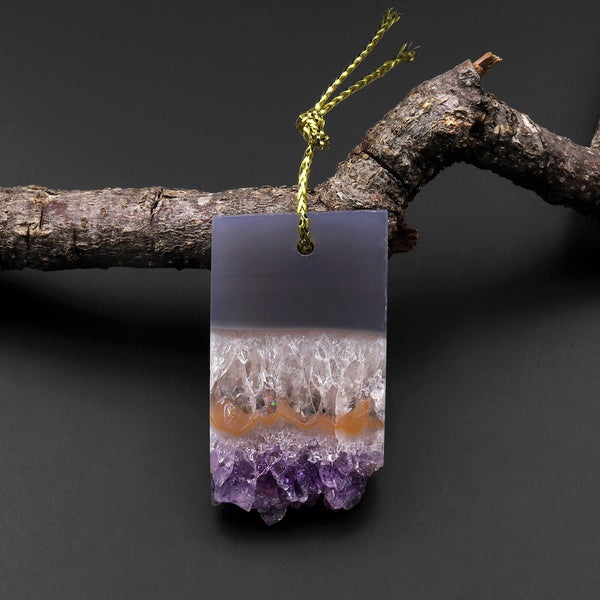 Natural Purple Orange Amethyst Stalactite Pendant Long Rectangle Slice Focal Bead