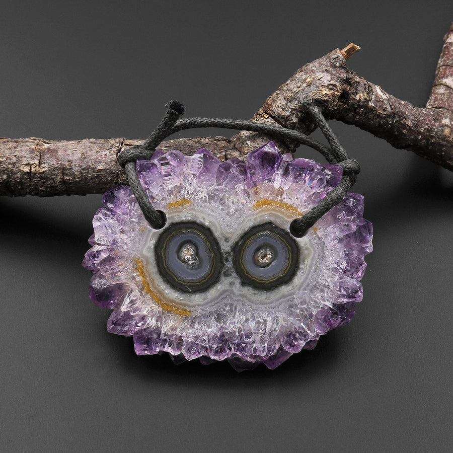 2 Hole Pendant Natural Amethyst Stalactite Flower Pendant Flat Slice Freeform One of a Kind P0174