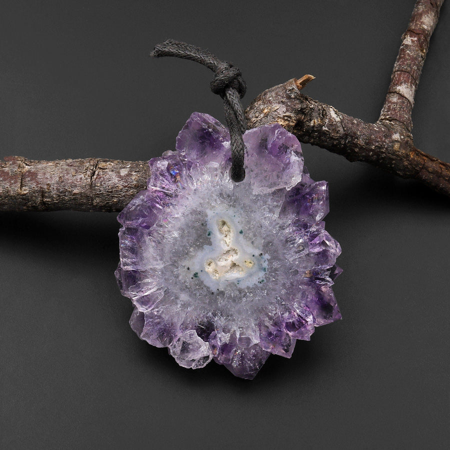 Natural Amethyst Stalactite Flower Pendant Flat Slice Freeform One of a Kind P0148