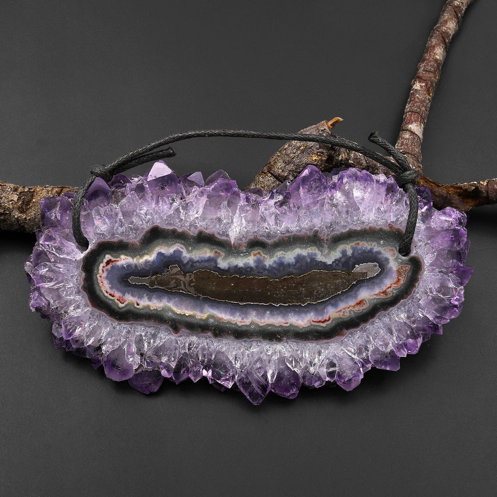 2 Hole Pendant Natural Amethyst Stalactite Flower Pendant Flat Slice Freeform One of a Kind P0177