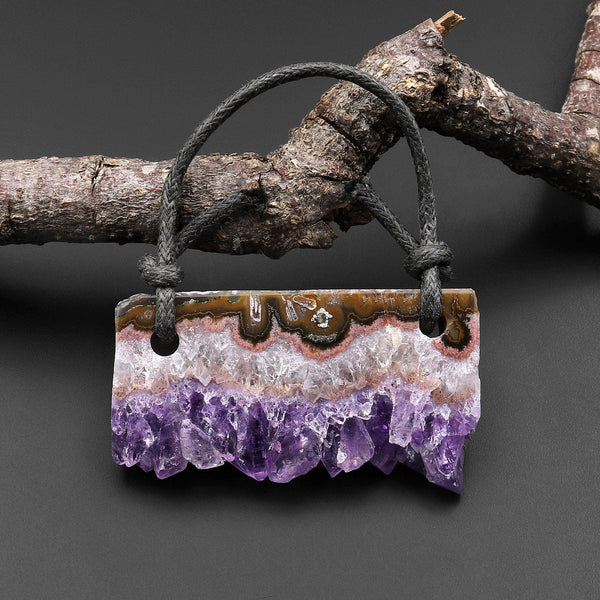 2 Hole Pendant Natural Pink Brown Purple Amethyst Stalactite Druzy Pendant Drilled Flat Slice Rectangle A1