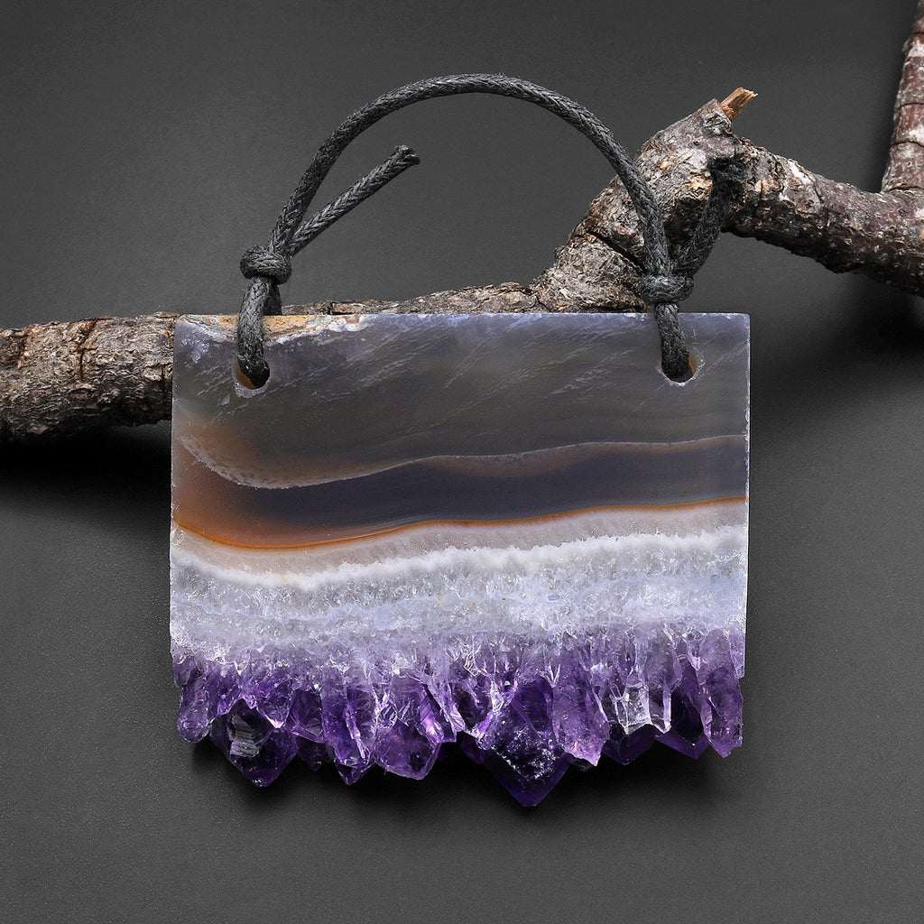 2 Hole Pendant Stormy Sky Natural Purple Amethyst Stalactite Druzy Pendant Drilled Flat Slice Rectangle