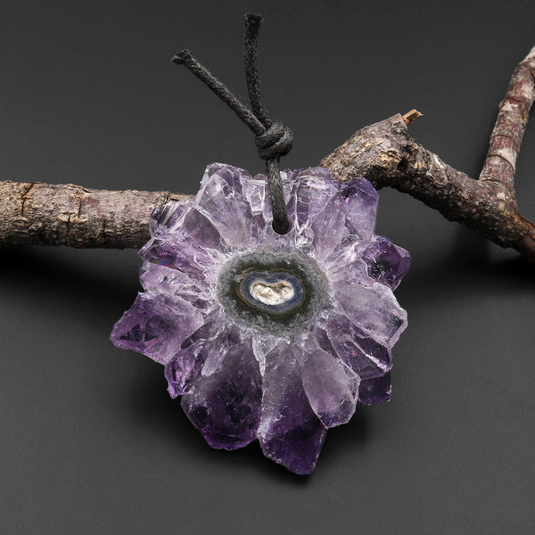 Natural Amethyst Stalactite Flower Pendant Flat Slice Freeform One of a Kind P0153