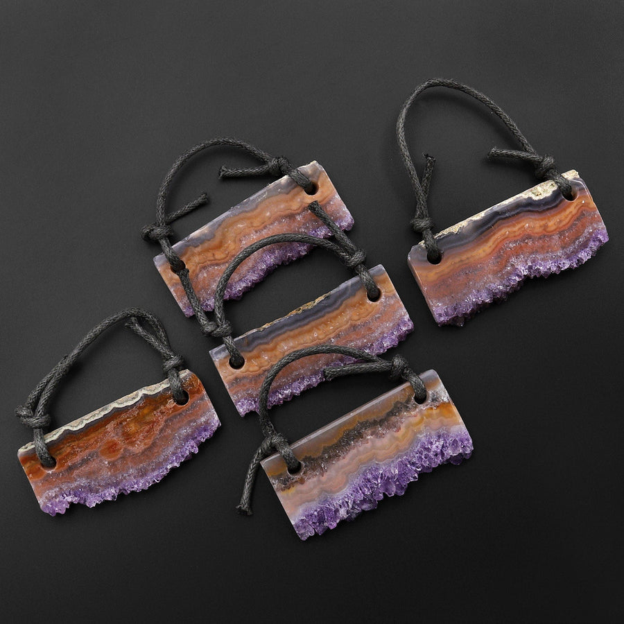 2 Hole Pendant Natural Bright Orange Purple Amethyst Stalactite Druzy Pendant Drilled Flat Slice Long Rectangle