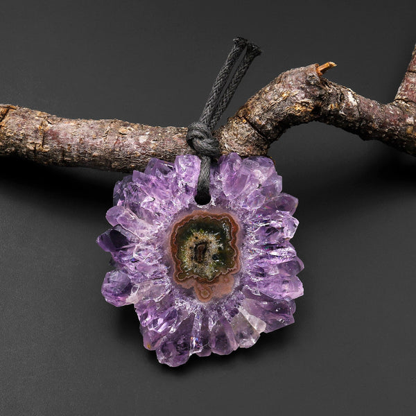 Natural Purple Amethyst Stalactite Crystal Druzy Flower Pendant Gemstone Slice