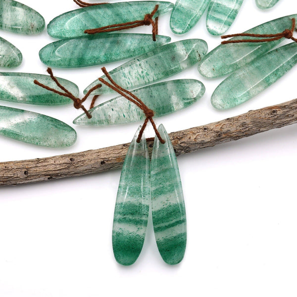 Natural Striped African Green Chalcedony Earring Pair Drilled Gemstone Thin Long Teardrop Matched Beads