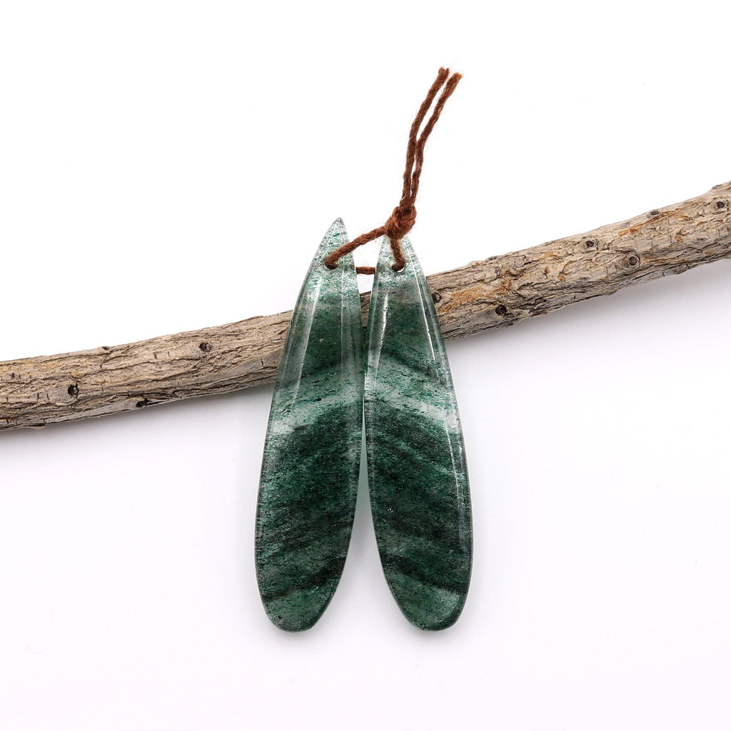 Natural Striped African Green Chalcedony Earring Pair Drilled Gemstone Thin Long Teardrop Matched Beads A3