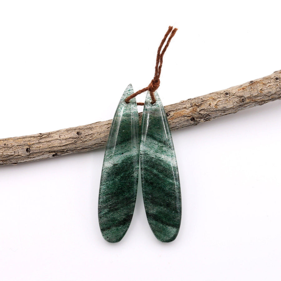 Natural Striped African Green Chalcedony Earring Pair Drilled Gemstone Thin Long Teardrop Matched Beads