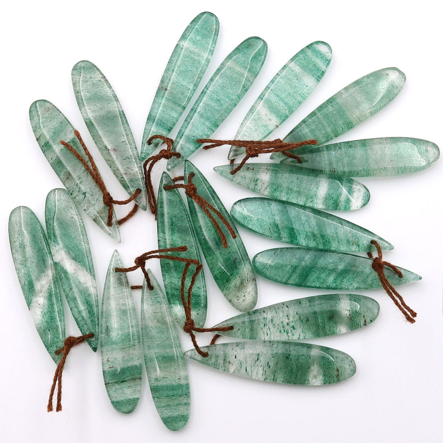 Natural Striped African Green Chalcedony Earring Pair Drilled Gemstone Thin Long Teardrop Matched Beads