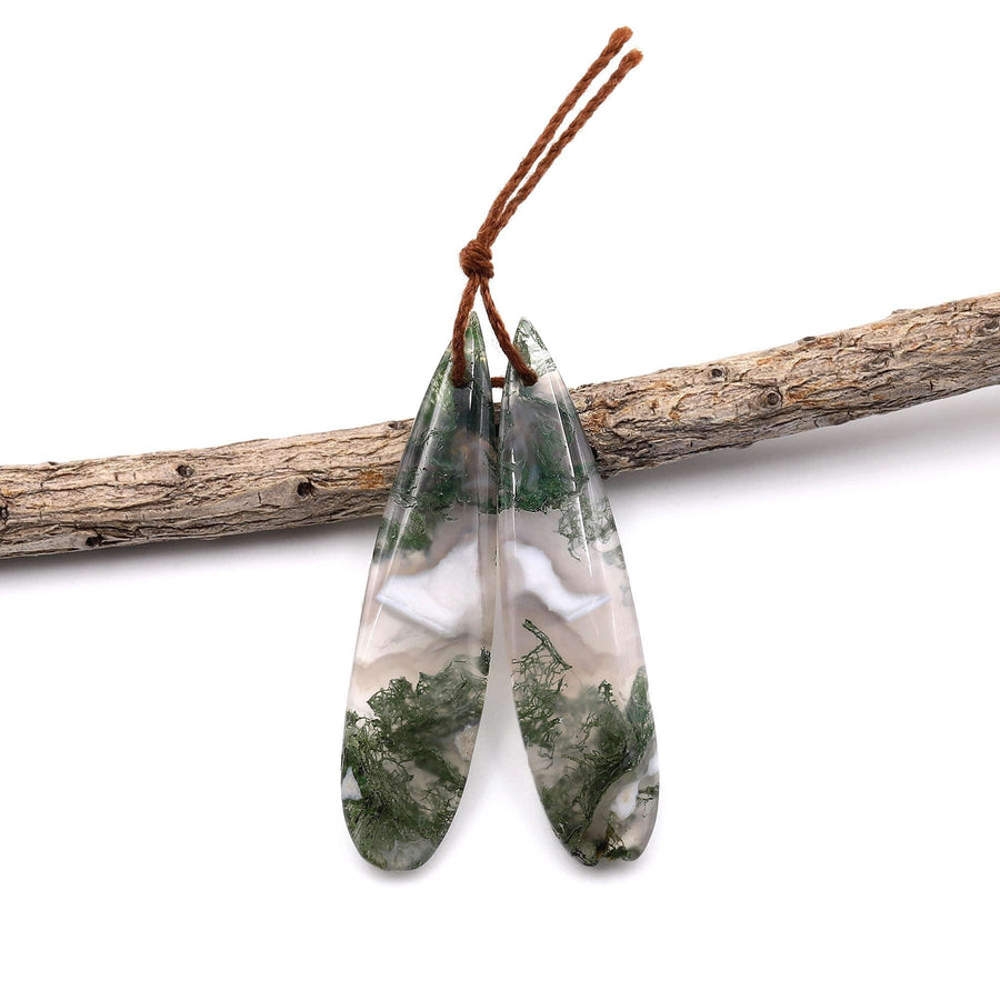 Translucent Natural Green Moss Agate Earring Pair Drilled Teardrop Cabochon Cab Pair Matched Gemstone Beads