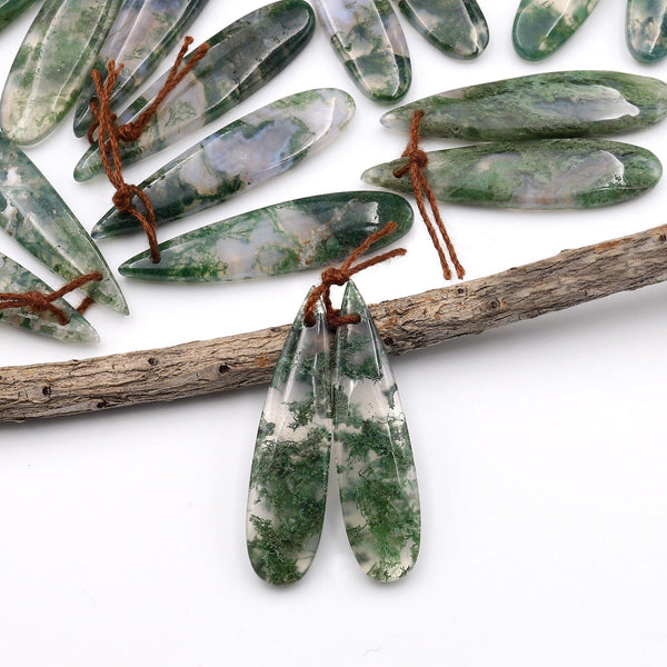 Translucent Natural Green Moss Agate Earring Pair Drilled Teardrop Cabochon Cab Pair Matched Gemstone Beads