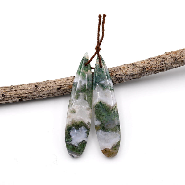 Translucent Natural Green Moss Agate Earring Pair Drilled Teardrop Cabochon Cab Pair Matched Gemstone Beads A2