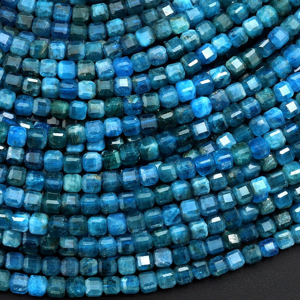 AAA Natural Teal Blue Apatite Faceted 4mm Cube Beads Gemstone 15.5" Strand