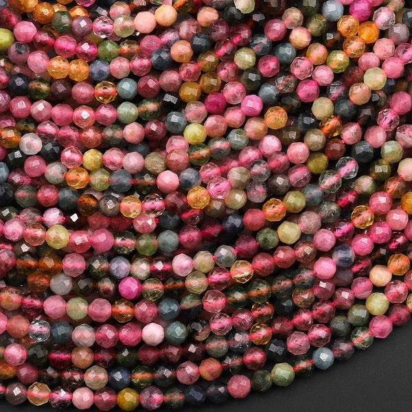 AAA Micro Faceted Natural Multicolor Tourmaline Round Beads 3mm Pink Green Blue Yellow Real Genuine Gemstone 15.5" Strand