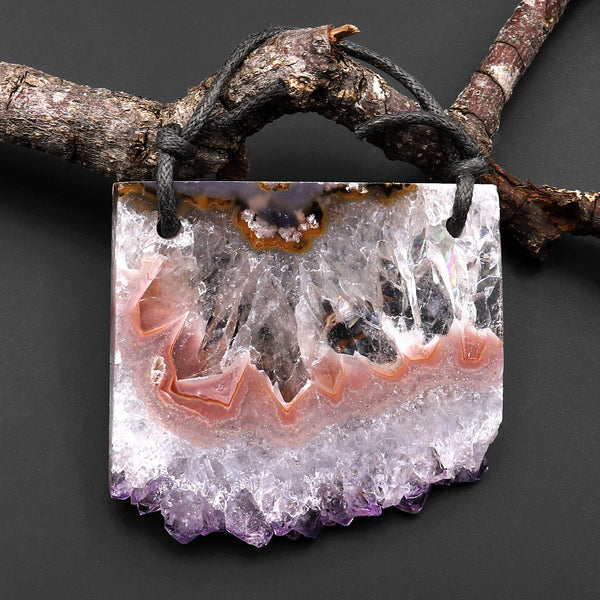 2 Hole Pendant Natural Peach Pink Purple Amethyst Stalactite Druzy Pendant Drilled Flat Slice Long Rectangle A3