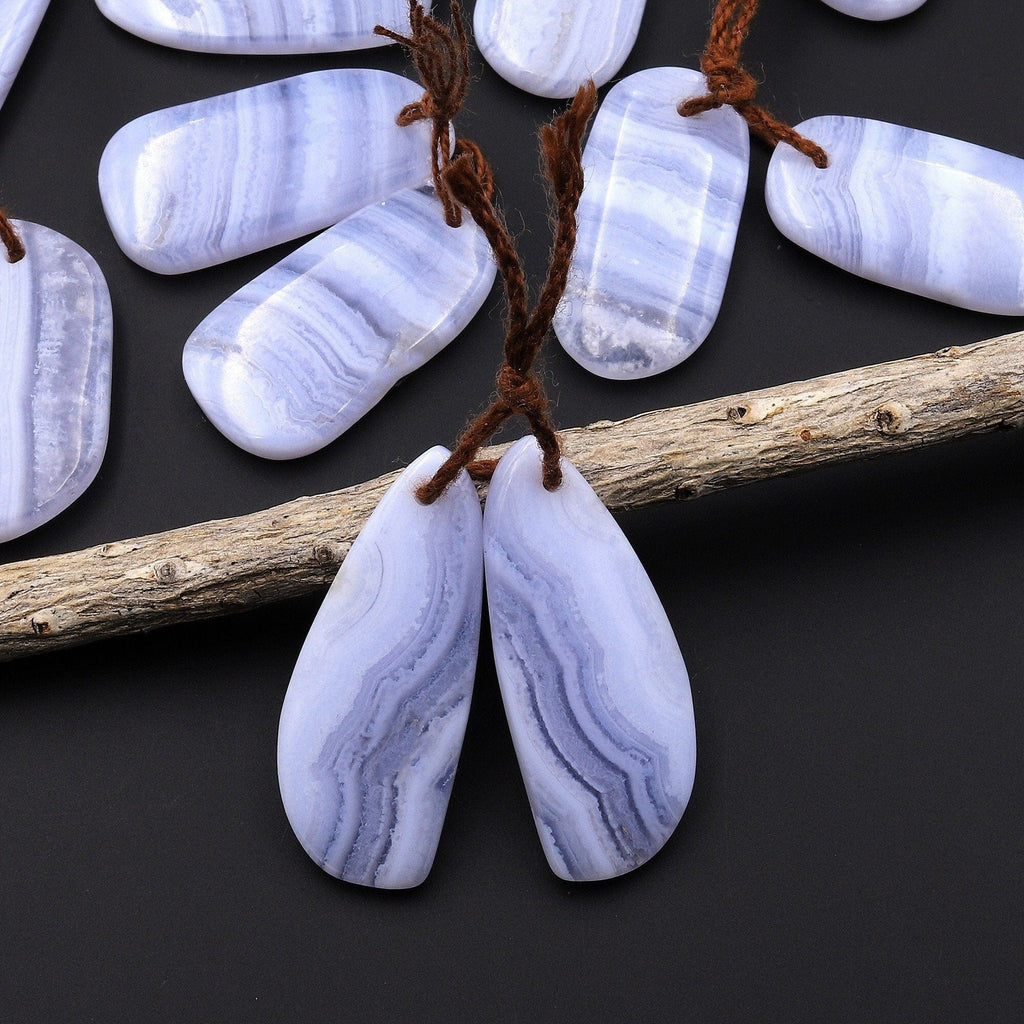 Natural Blue Lace Agate Earring Pair Gemstone Matched Feeform Drop Beads A13