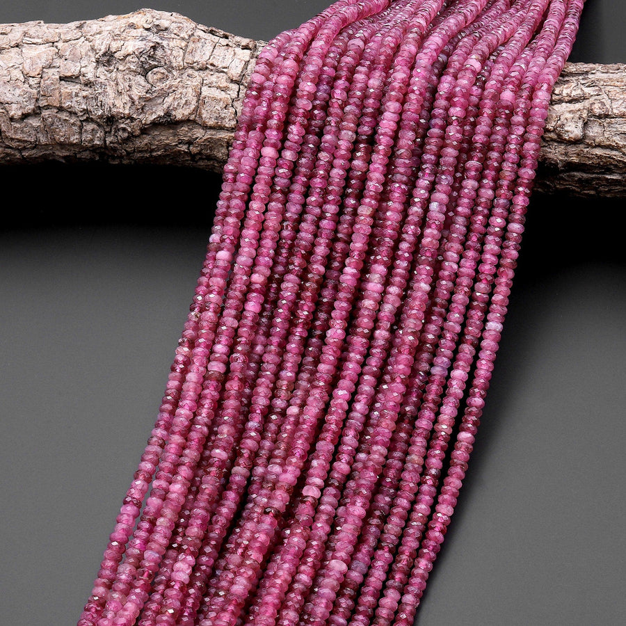 Faceted Natural Pink Tourmaline Thin Rondelle 4mm Beads Diamond Cut Gemstone 15.5" Strand