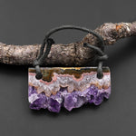 2 Hole Pendant Natural Purple Amethyst Stalactite Druzy Pendant Drilled Flat Slice Long Rectangle