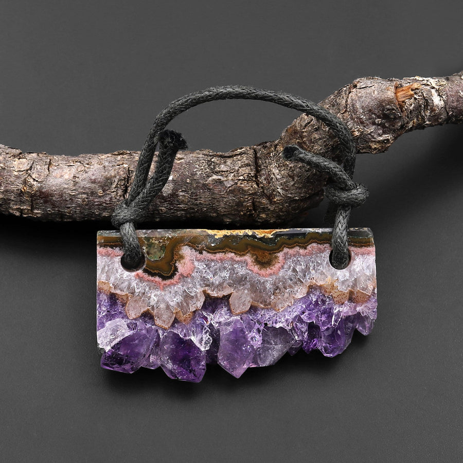 2 Hole Pendant Natural Purple Amethyst Stalactite Druzy Pendant Drilled Flat Slice Long Rectangle