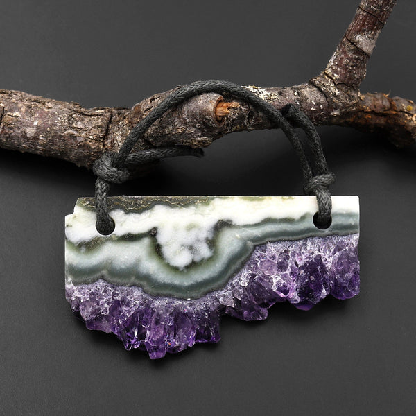 2 Hole Pendant Natural Purple Green Amethyst Stalactite Druzy Pendant Drilled Flat Slice Long Rectangle A1