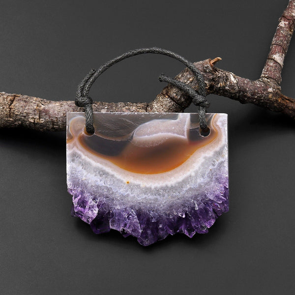 2 Hole Pendant Natural Purple Amethyst Stalactite Druzy Pendant Drilled Flat Slice Long Rectangle P0100