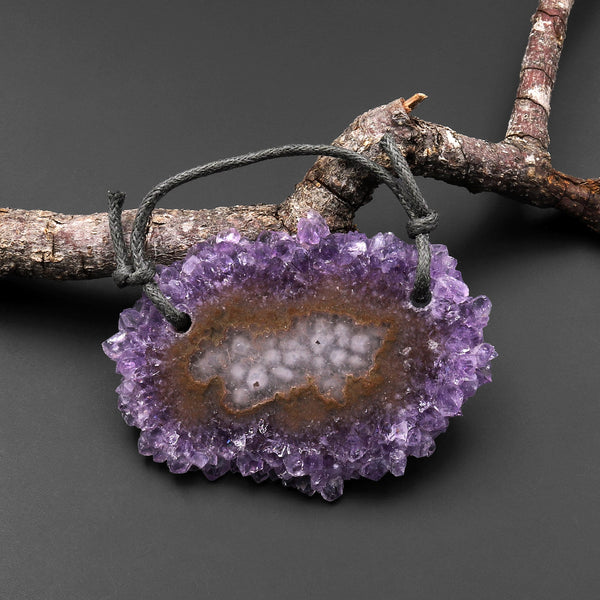 2 Hole Pendant Natural Amethyst Stalactite Flower Pendant Flat Slice Freeform One of a Kind P0105