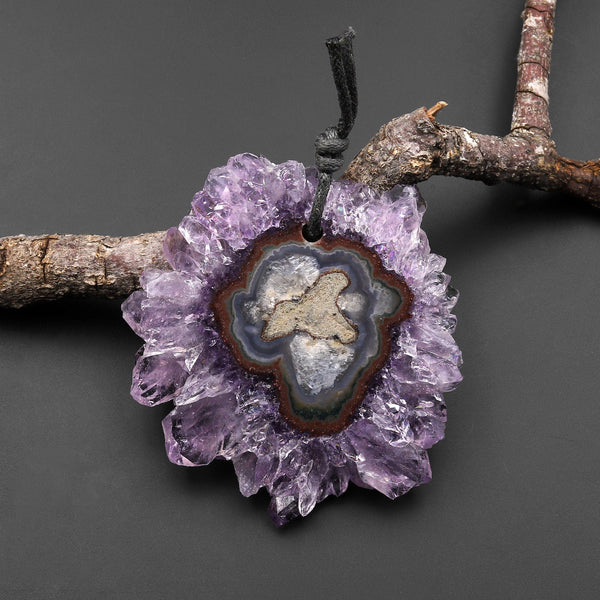 Natural Amethyst Stalactite Flower Pendant Flat Slice Freeform One of a Kind P0106