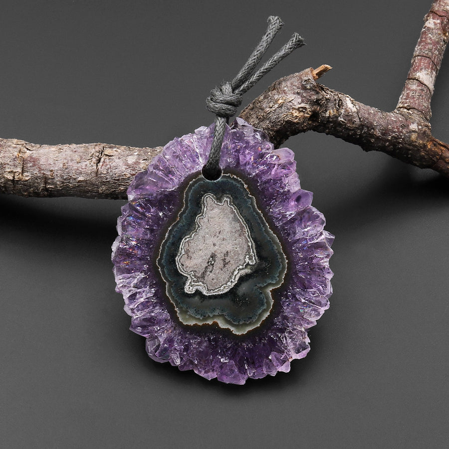 Natural Amethyst Stalactite Flower Pendant Flat Slice Freeform One of a Kind P0107