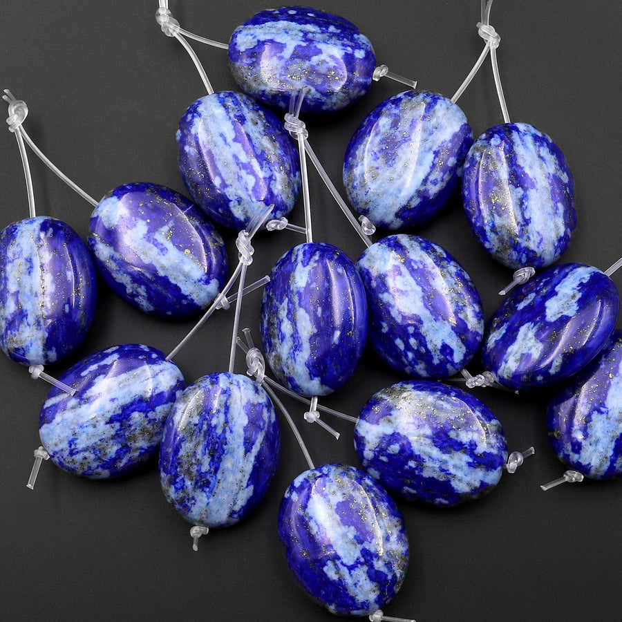 Drilled Natural Blue Lapis Earring Pair With White Calcite Oval Matched Gemstone Beads Pair